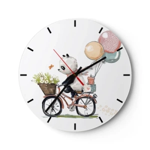 Horloge murale - Pendule murale - Panda sur un vélo avec des ballons et un panier rempli de fleurs - 30x30cm - Jour de chance - Décoration murale moderne pour le salon, la cuisine et la chambre ARTTOR