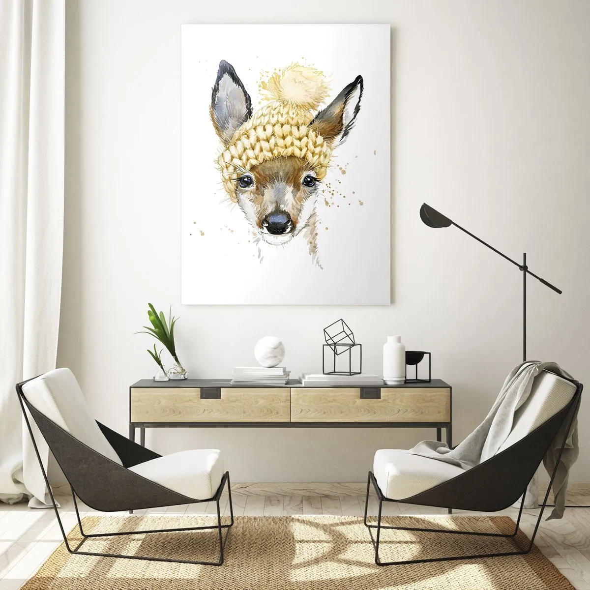 Impression sur verre - Image sur verre - Cerf aquarelle avec une casquette jaune - 70x100cm - Pour l'hiver dans la forêt enneigée - Décoration murale moderne pour le salon et la chambre ARTTOR