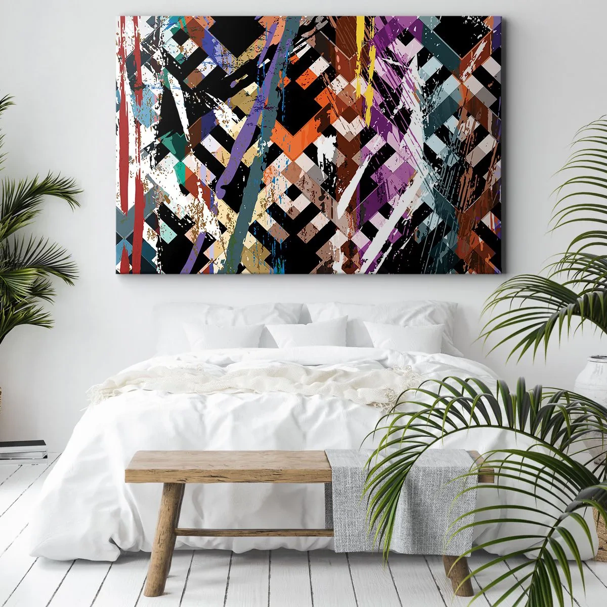 Impression sur toile - Image sur toile - Composition abstraite avec des lignes colorées sur fond noir - 70x50cm - Se mettre au carré - Décoration murale moderne pour le salon et la chambre ARTTOR