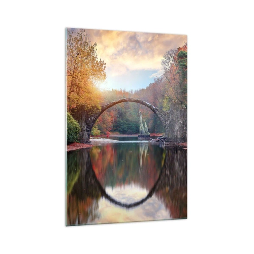 Impression sur verre - Image sur verre - Un pont de pierre dans un paysage d'automne sur une eau calme - 70x100cm - De l'autre cote du miroir - Décoration murale moderne pour le salon et la chambre ARTTOR