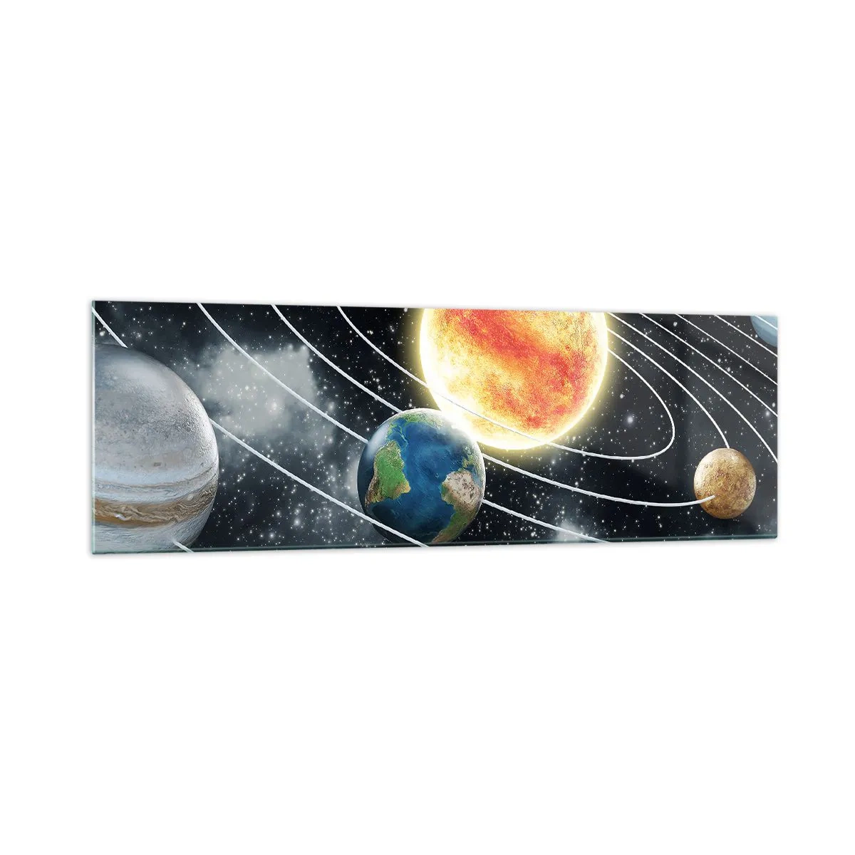 Impression sur verre - Image sur verre - Système solaire avec planètes et soleil dans l'espace - 160x50cm - Danse cosmique - Décoration murale moderne pour le salon et la chambre ARTTOR