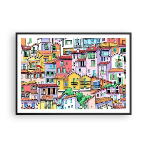 Affiche dans un cadre noir - Poster - Des immeubles colorés au style vivant et joyeux - 100x70cm - Ville joyeuse - Décoration murale moderne pour le salon et la chambre ARTTOR