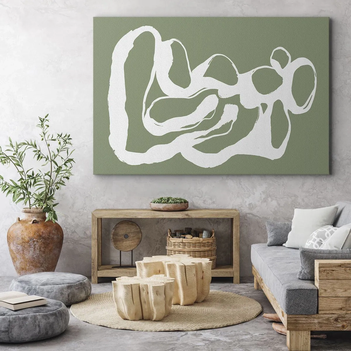 Impression sur toile - Image sur toile - Formes organiques en blanc sur fond vert - 100x70cm - L'appel de l'espace - Décoration murale moderne pour le salon et la chambre ARTTOR