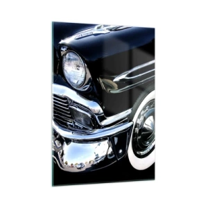 Impression sur verre - Image sur verre - Gros plan d'une voiture noire vintage avec des détails chromés - 50x70cm - Classique en argent, noir et blanc - Décoration murale moderne pour le salon et la chambre ARTTOR