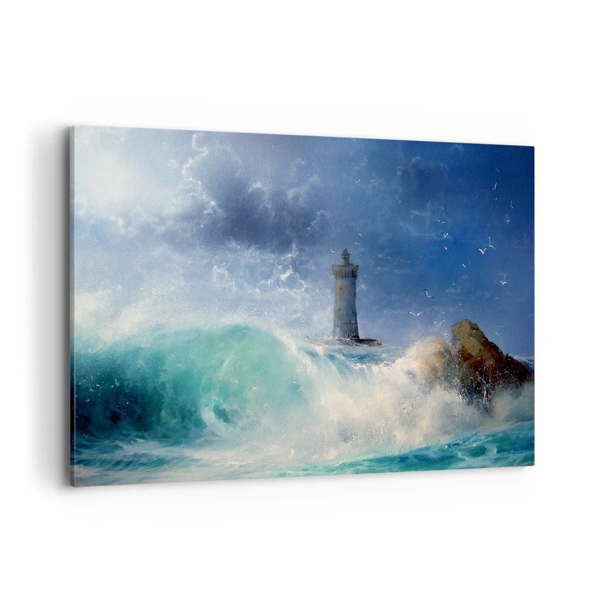 Impression sur toile - Image sur toile - Un phare entouré de vagues agitées et de nuages - 120x80cm - En garde contre les éléments - Décoration murale moderne pour le salon et la chambre ARTTOR