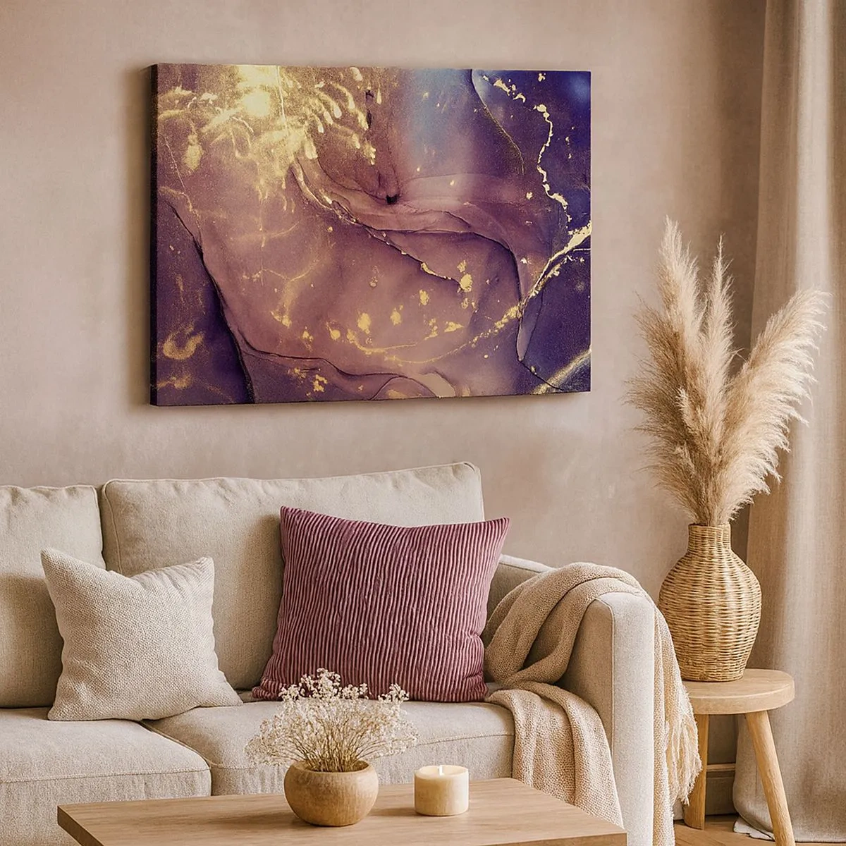 Impression sur toile - Image sur toile - Composition abstraite aux nuances d'or et de violet - 70x50cm - Matière et esprit - Décoration murale moderne pour le salon et la chambre ARTTOR