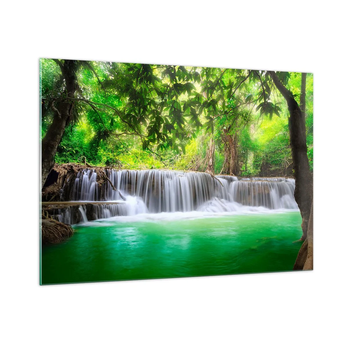 Impression sur verre - Image sur verre - Une cascade dans une forêt tropicale avec une eau cristalline - 100x70cm - Une cascade de vert - Décoration murale moderne pour le salon et la chambre ARTTOR