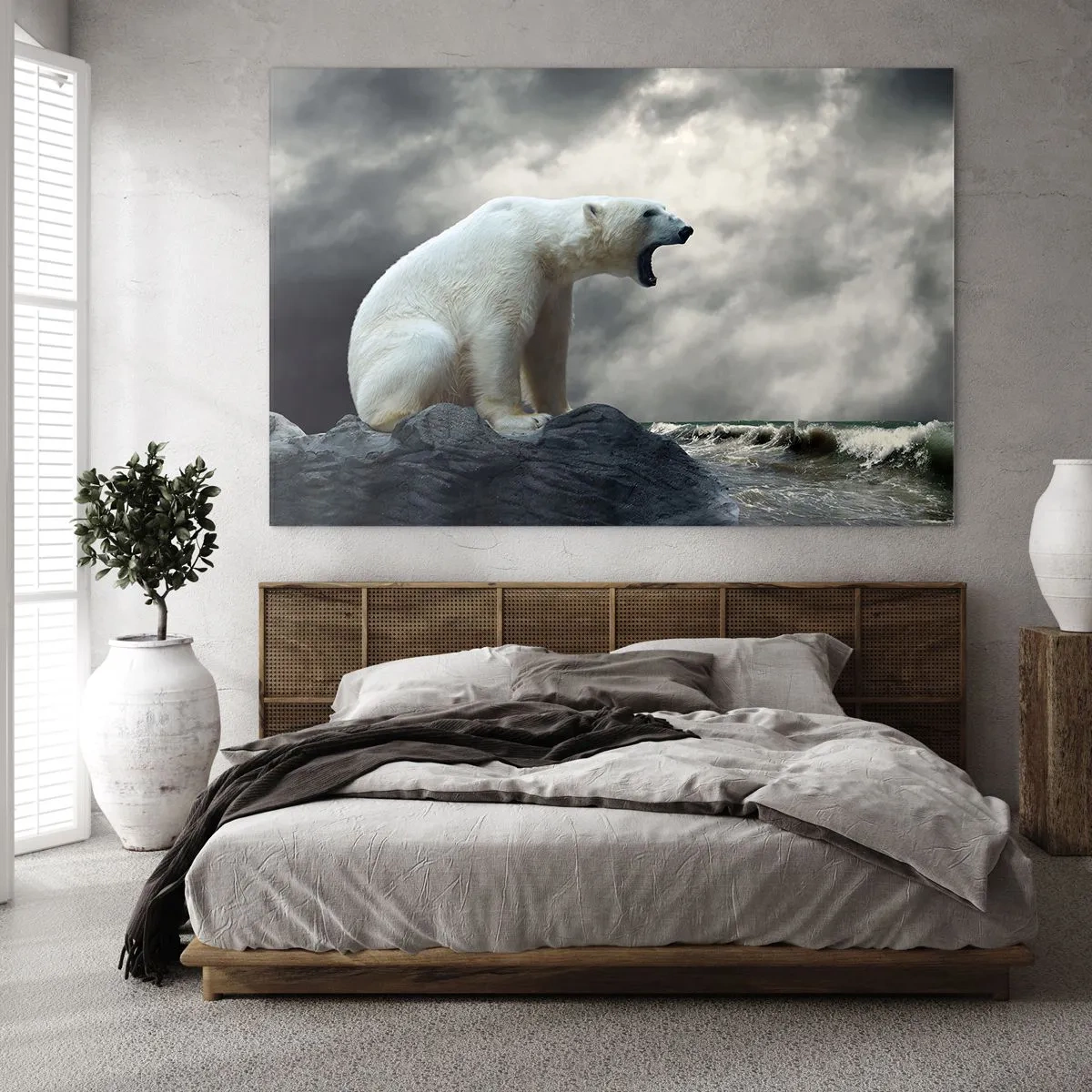 Impression sur verre - Image sur verre - Un ours polaire contre un ciel orageux - 120x80cm - Roi solitaire de l'Arctique - Décoration murale moderne pour le salon et la chambre ARTTOR