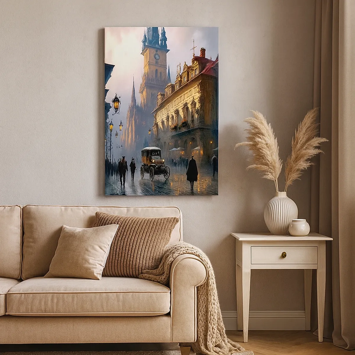 Impression sur toile - Image sur toile - Scène de rue en soirée avec une architecture historique - 50x70cm - Le charme d'une soirée pragoise - Décoration murale moderne pour le salon et la chambre ARTTOR