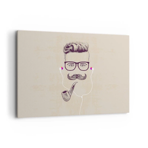 Impression sur toile - Image sur toile - Portrait rétro d'un homme avec une pipe, des écouteurs et des lunettes - 120x80cm - Un vrai homme? - Décoration murale moderne pour le salon et la chambre ARTTOR