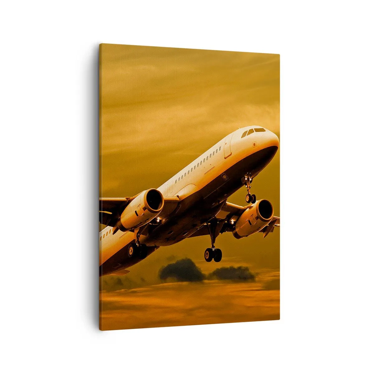 Impression sur toile - Image sur toile - Un avion de ligne décollant sous un ciel de coucher de soleil doré. - 50x70cm - Vol vers le soleil - Décoration murale moderne pour le salon et la chambre ARTTOR