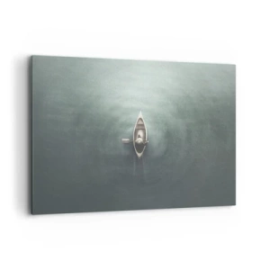 Impression sur toile - Image sur toile - Un bateau solitaire sur une eau calme dans un décor minimaliste - 100x70cm - À travers le lac de la lune - Décoration murale moderne pour le salon et la chambre ARTTOR