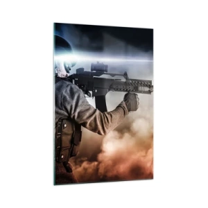 Impression sur verre - Image sur verre - Un soldat en action avec un fusil sur fond de nuages et de lumière. - 70x100cm - Tout simplement un héros - Décoration murale moderne pour le salon et la chambre ARTTOR