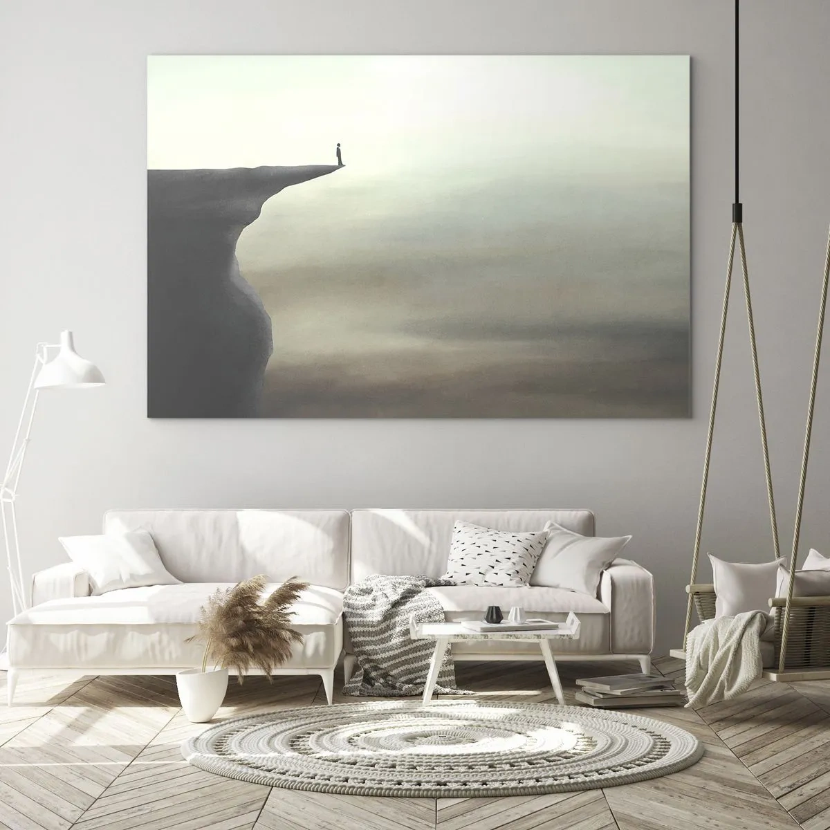 Impression sur verre - Image sur verre - Silhouette d'une personne debout au bord d'une falaise au-dessus du brouillard - 70x50cm - Tout en haut, bien entendu! - Décoration murale moderne pour le salon et la chambre ARTTOR