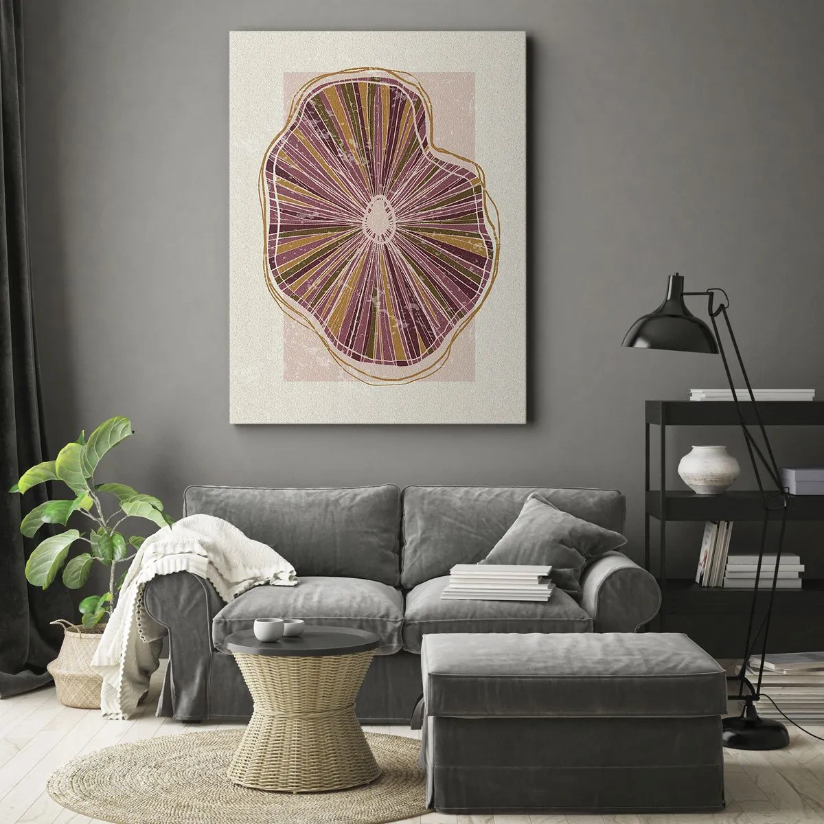 Impression sur toile - Image sur toile - Motif abstrait de tranches d'arbre dans des tons roses - 50x70cm - Abstraction rayonnante - Décoration murale moderne pour le salon et la chambre ARTTOR