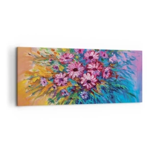 Impression sur toile - Image sur toile - Fleurs colorées dans un bouquet sur un fond de couleur pastel - 120x50cm - Énergie de la vie - Décoration murale moderne pour le salon et la chambre ARTTOR