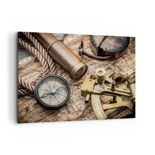 Impression sur toile - Image sur toile - Une boussole, un sextant et un télescope sur fond de vieille carte et de corde nautique. - 100x70cm - Fixer un cap - Décoration murale moderne pour le salon et la chambre ARTTOR
