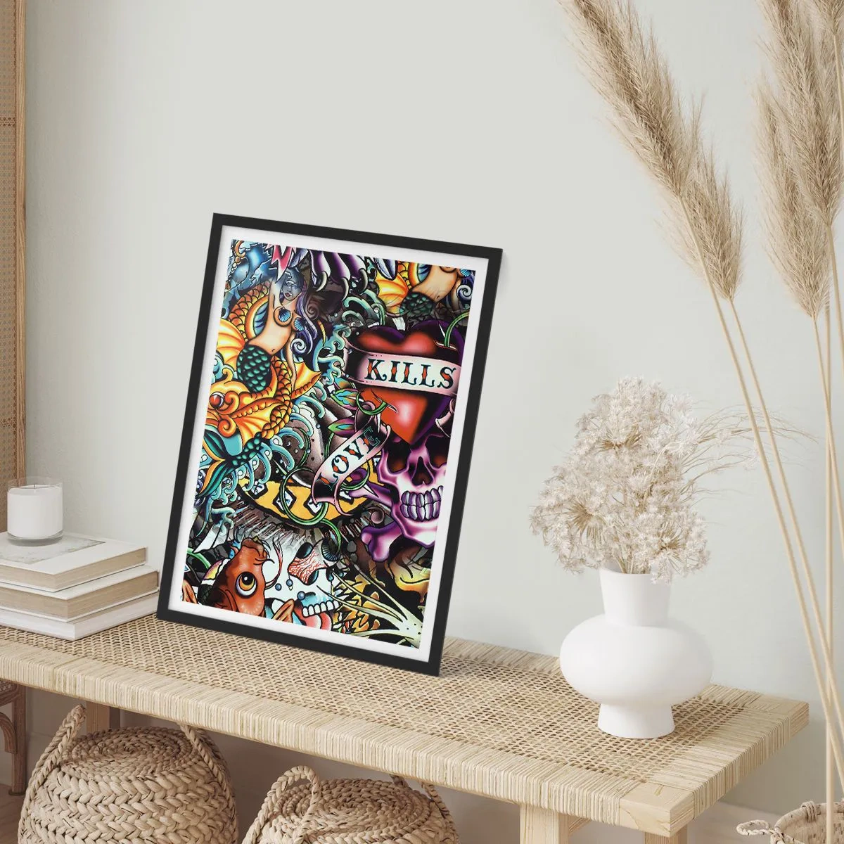 Affiche dans un cadre noir - Poster - Tatouage abstrait avec un crâne, un cœur et une inscription - 50x70cm - Le rêve du tatoueur - Décoration murale moderne pour le salon et la chambre ARTTOR