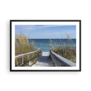 Affiche dans un cadre noir - Poster - Chemin vers la plage avec vue sur la mer - 70x50cm - Au soleil, sous le vent - Décoration murale moderne pour le salon et la chambre ARTTOR
