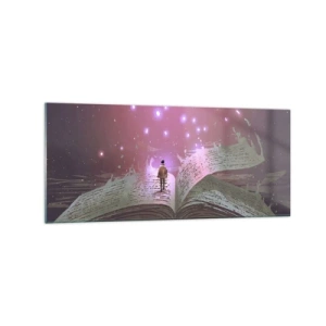 Impression sur verre - Image sur verre - Une silhouette marche sur un livre ouvert dans une lumière magique. - 120x50cm - Invitation à un autre monde - lisez ! - Décoration murale moderne pour le salon et la chambre ARTTOR