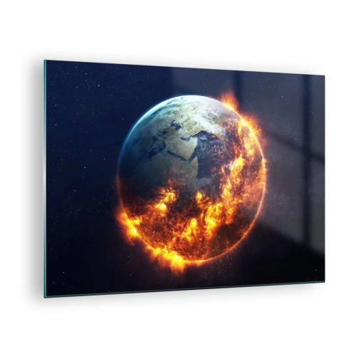 Impression sur verre - Image sur verre - La Terre entourée de flammes dans l'espace - 70x50cm - La flamme de l'apocalypse - Décoration murale moderne pour le salon et la chambre ARTTOR