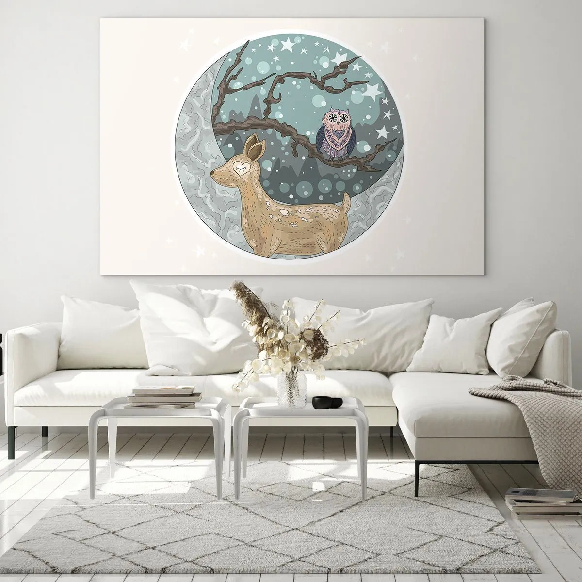 Impression sur verre - Image sur verre - Illustration d'un cerf et d'un hibou dans un décor magique - 100x70cm - Une nuit de conte de fées en forêt - Décoration murale moderne pour le salon et la chambre ARTTOR