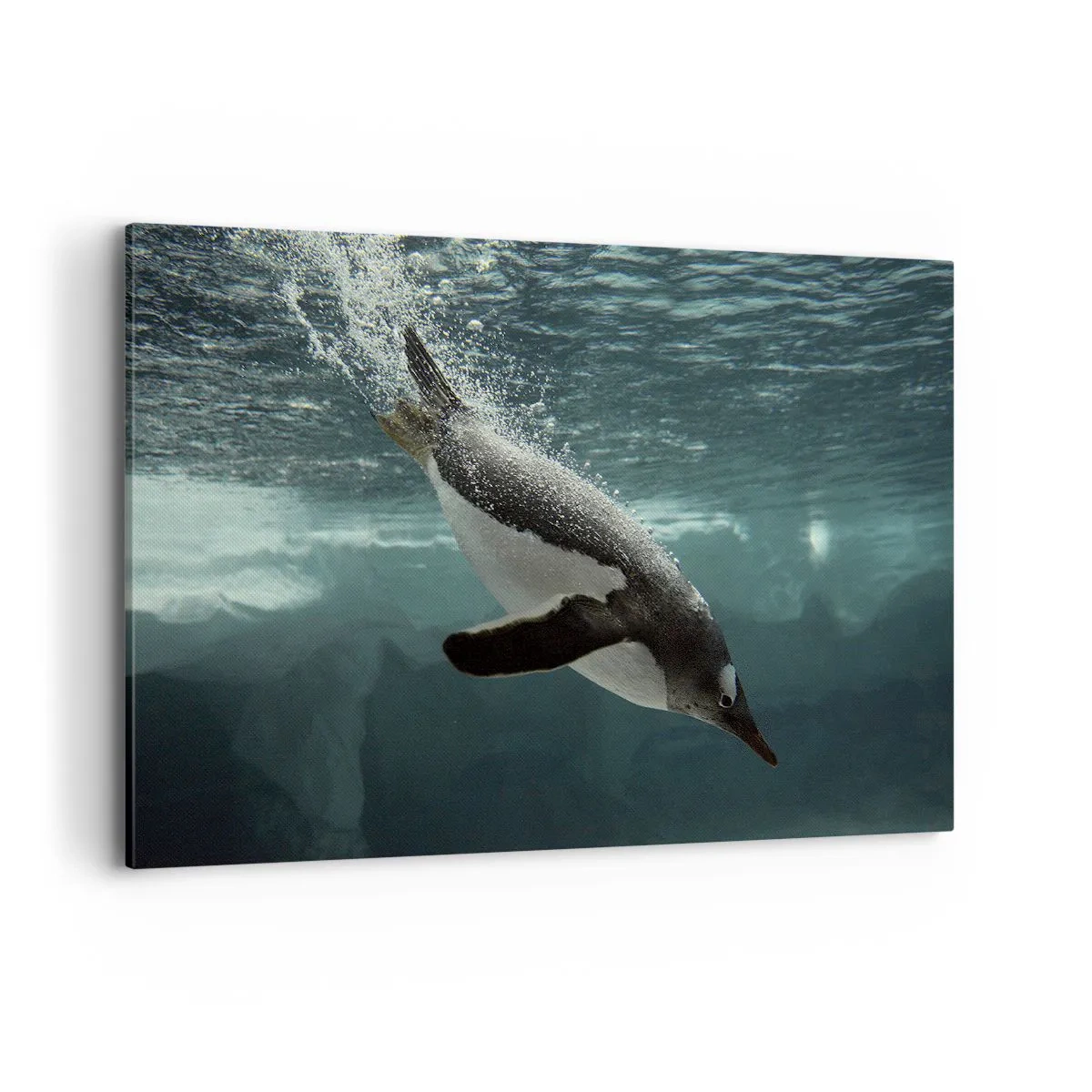 Impression sur toile - Image sur toile - Un pingouin plongeant dans les profondeurs de l'eau glacée - 120x80cm - Bienvenue dans mon monde - Décoration murale moderne pour le salon et la chambre ARTTOR
