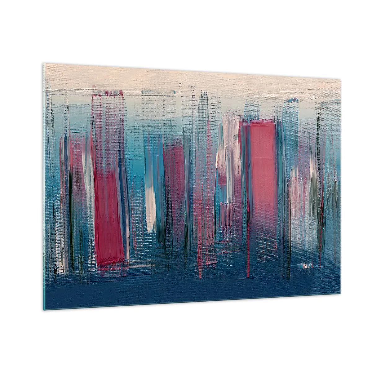 Impression sur verre - Image sur verre - Coups de pinceau verticaux en rouge et bleu sur fond beige - 100x70cm - Composition verticale en bleu et rouge - Décoration murale moderne pour le salon et la chambre ARTTOR