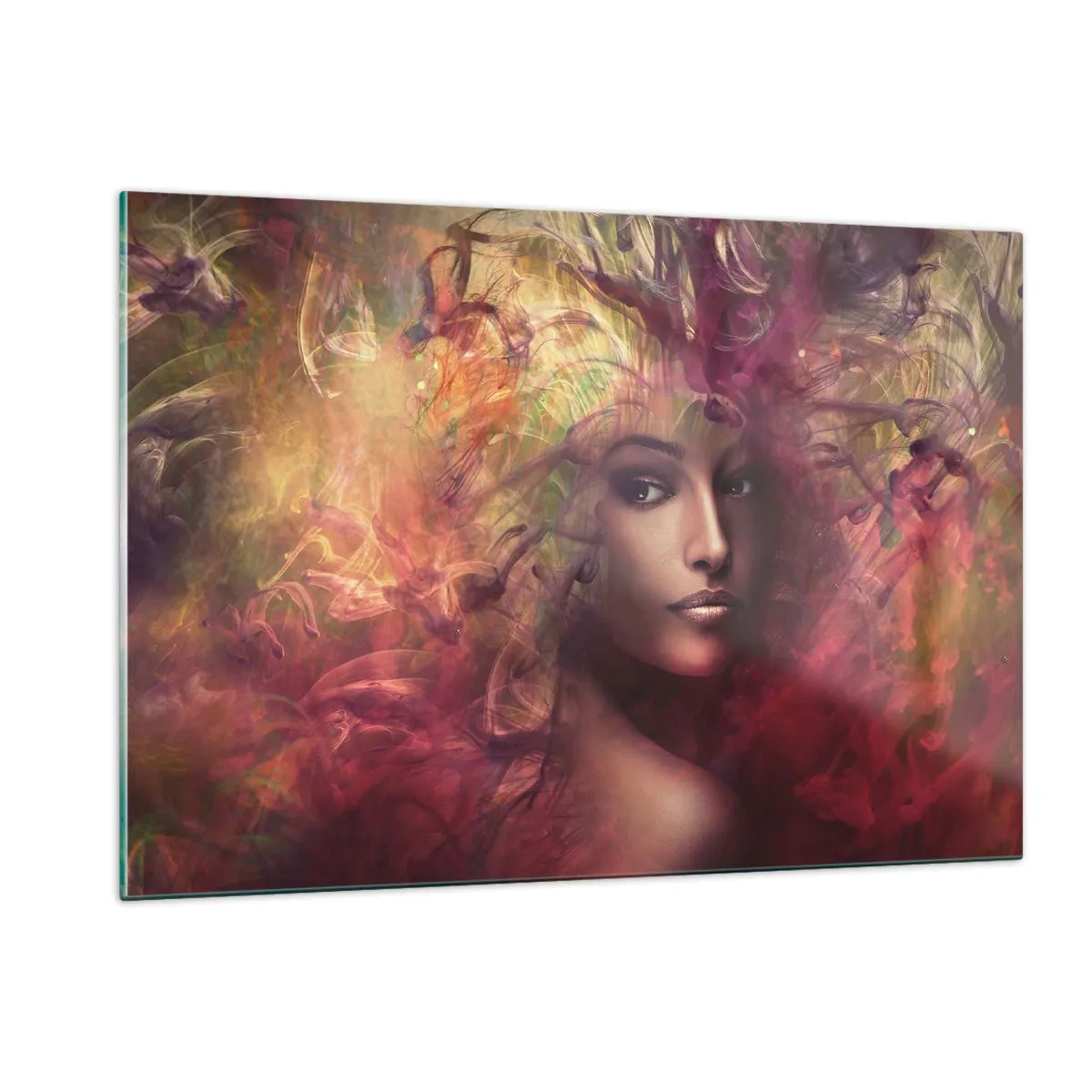 Impression sur verre - Image sur verre - Portrait d'une femme entourée de couleurs lumineuses et abstraites - 120x80cm - Je suis ici! - Décoration murale moderne pour le salon et la chambre ARTTOR