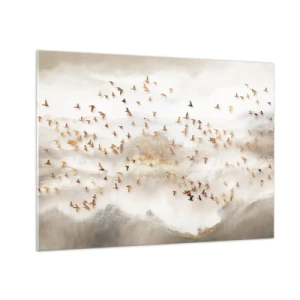 Impression sur verre - Image sur verre - Une volée d'oiseaux survolant un paysage brumeux - 70x50cm - Il est l'heure… - Décoration murale moderne pour le salon et la chambre ARTTOR