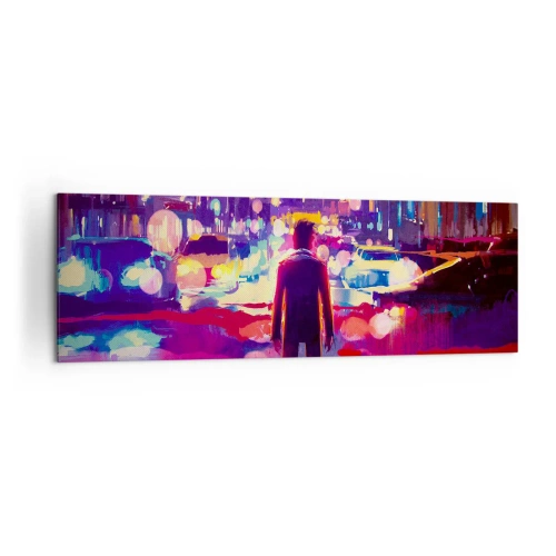 Impression sur toile - Image sur toile - Un homme dans une scène nocturne de ville au néon - 160x50cm - Immergé dans la lumière - Décoration murale moderne pour le salon et la chambre ARTTOR