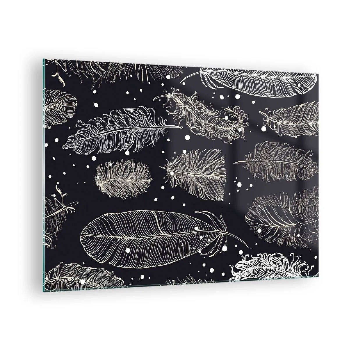 Impression sur verre - Image sur verre - Plumes blanches sur fond noir avec des détails subtils - 70x50cm - Toile de plumes - Décoration murale moderne pour le salon et la chambre ARTTOR