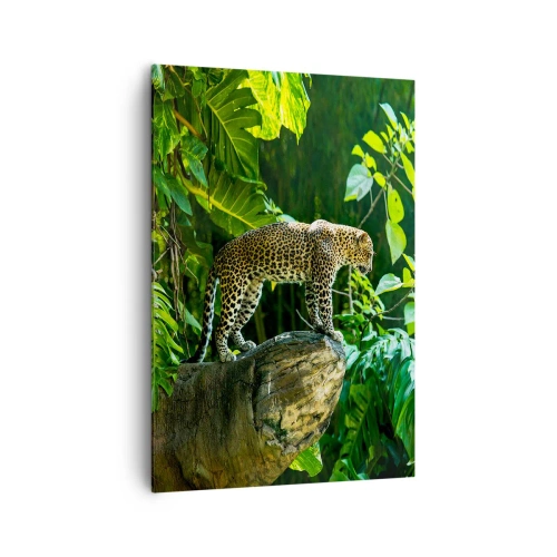 Impression sur toile - Image sur toile - Un léopard debout sur un rocher entouré de végétation tropicale - 70x100cm - À la chasse? - Décoration murale moderne pour le salon et la chambre ARTTOR