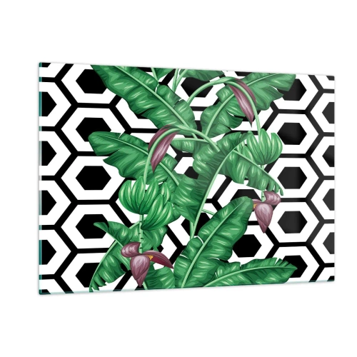 Impression sur verre - Image sur verre - Feuilles et fleurs tropicales sur un fond à motifs géométriques noir et blanc - 120x80cm - Une composition symétrique par nature - Décoration murale moderne pour le salon et la chambre ARTTOR