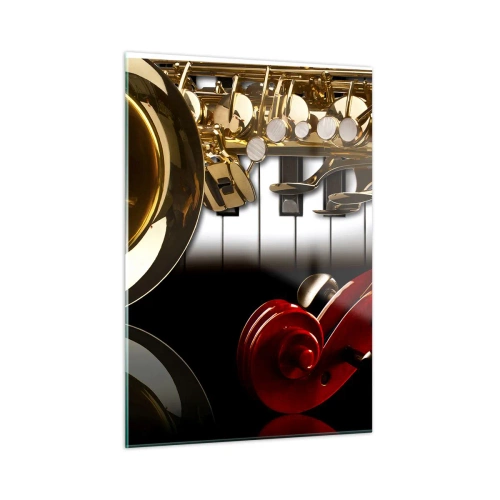 Impression sur verre - Image sur verre - Saxophone, clavier et archet dans une composition artistique - 50x70cm - Tôle, bois et ivoire - Décoration murale moderne pour le salon et la chambre ARTTOR