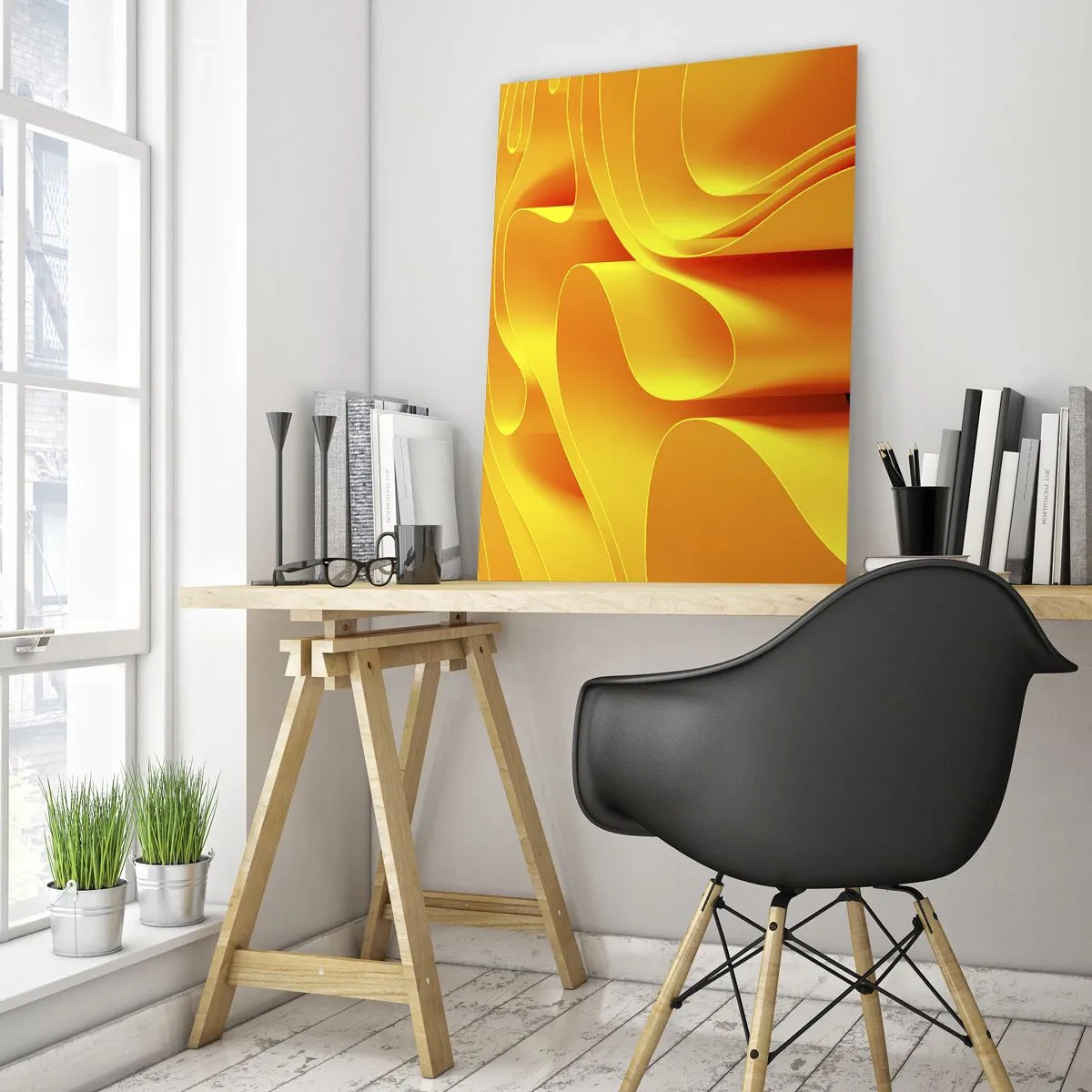 Impression sur verre - Image sur verre - Vagues abstraites dans des tons d'or et d'orange - 50x70cm - Comme les vagues du soleil - Décoration murale moderne pour le salon et la chambre ARTTOR