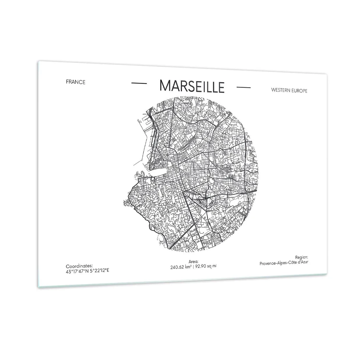 Impression sur verre - Image sur verre - Carte en noir et blanc de la ville de Marseille dans un style moderne - 120x80cm - Anatomie de Marseille - Décoration murale moderne pour le salon et la chambre ARTTOR
