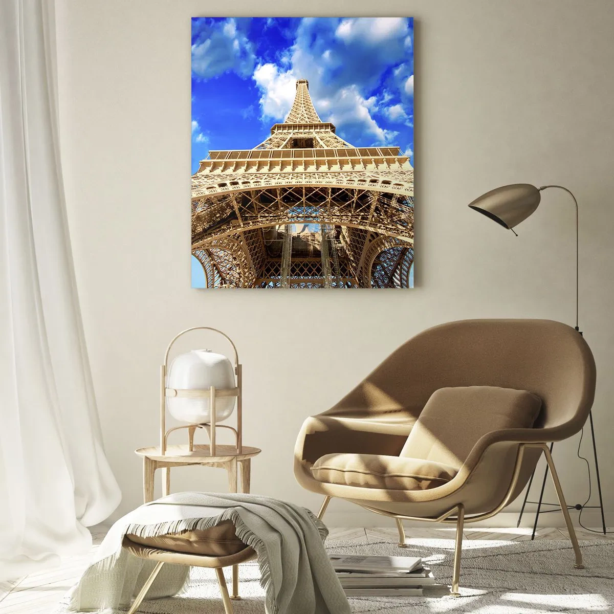 Impression sur verre - Image sur verre - La Tour Eiffel vue d'en bas contre un ciel bleu - 80x120cm - Atteindre le ciel et les nuages - Décoration murale moderne pour le salon et la chambre ARTTOR