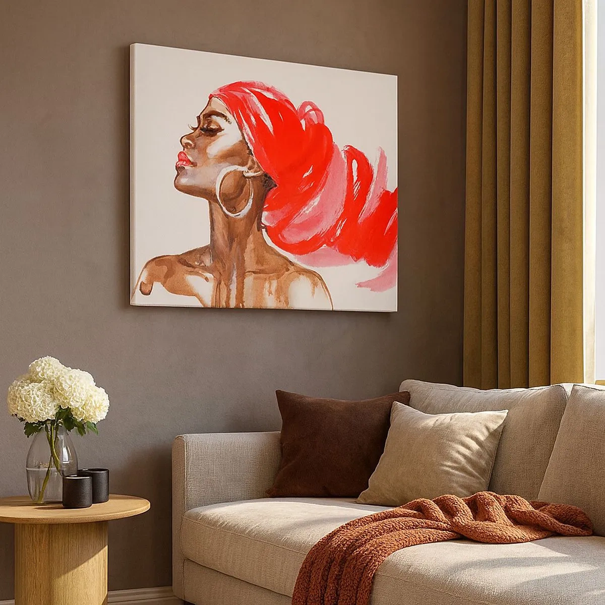 Impression sur toile - Image sur toile - Profil d'une femme avec un turban rouge et des boucles d'oreilles - 70x50cm - "Les cheveux dans le vent" - Décoration murale moderne pour le salon et la chambre ARTTOR