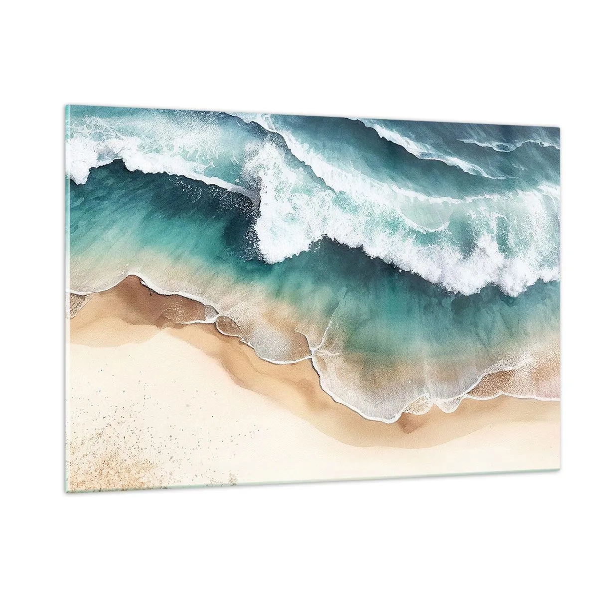 Impression sur verre - Image sur verre - Les vagues de l'océan s'écrasent sur une plage de sable doré - 120x80cm - La rencontre éternelle - Décoration murale moderne pour le salon et la chambre ARTTOR