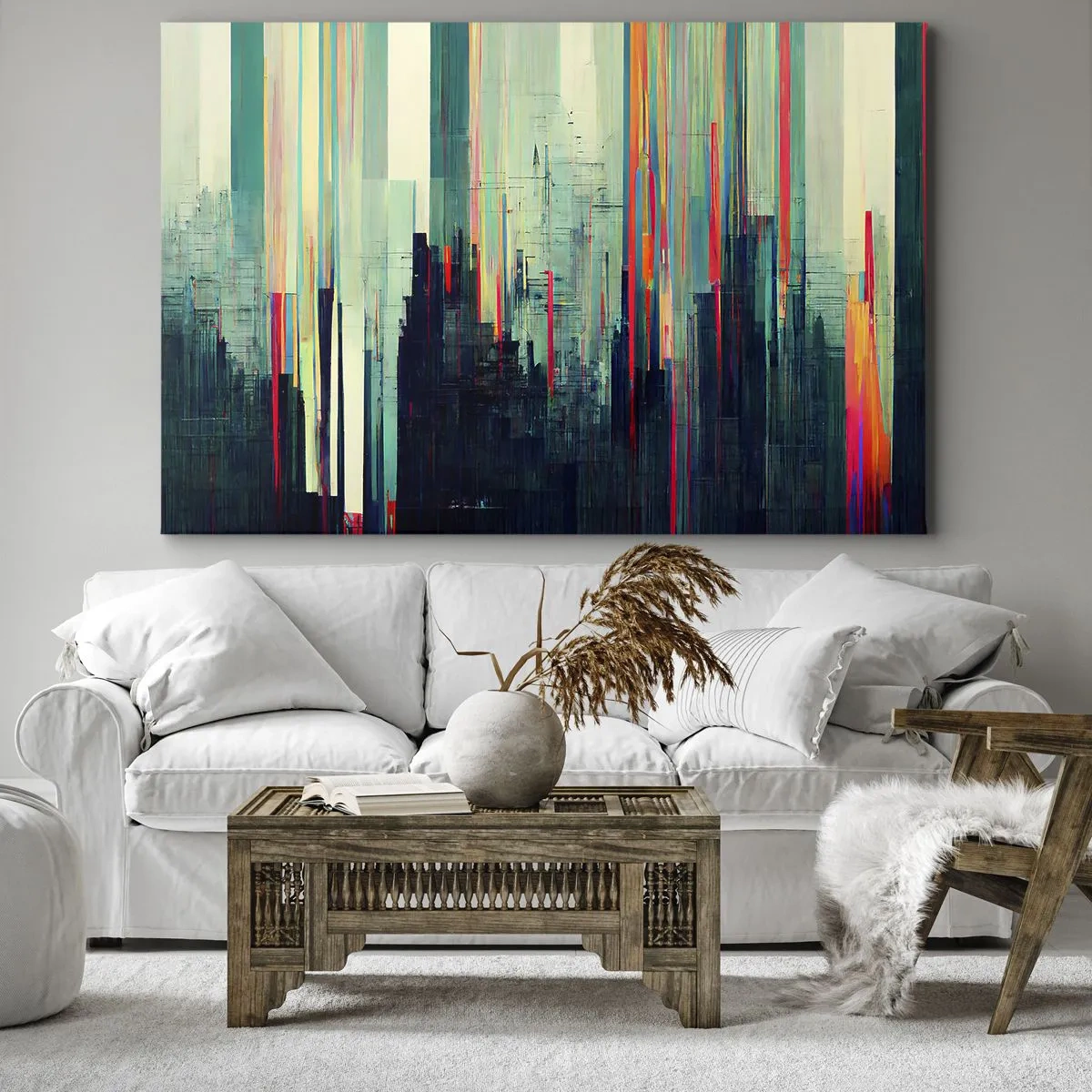 Impression sur toile - Image sur toile - Abstraction avec des lignes verticales et un horizon urbain - 70x50cm - Ville futuriste - Décoration murale moderne pour le salon et la chambre ARTTOR