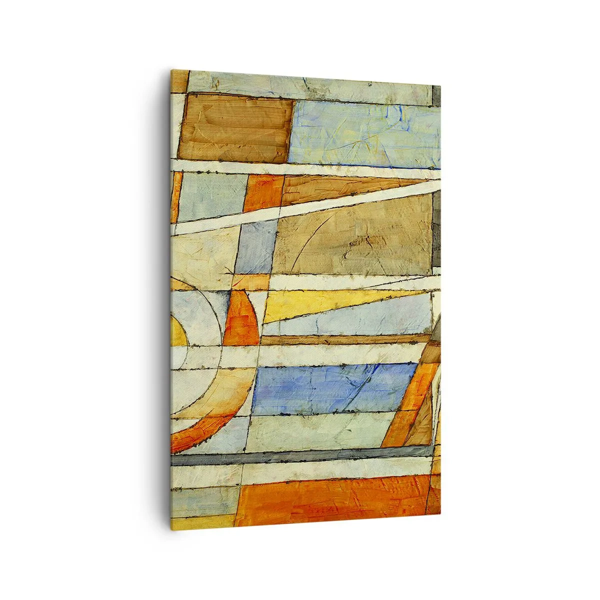 Impression sur toile - Image sur toile - Abstraction géométrique dans les tons beige, bleu et orange - 80x120cm - Cubisme sur le chantier - Décoration murale moderne pour le salon et la chambre ARTTOR