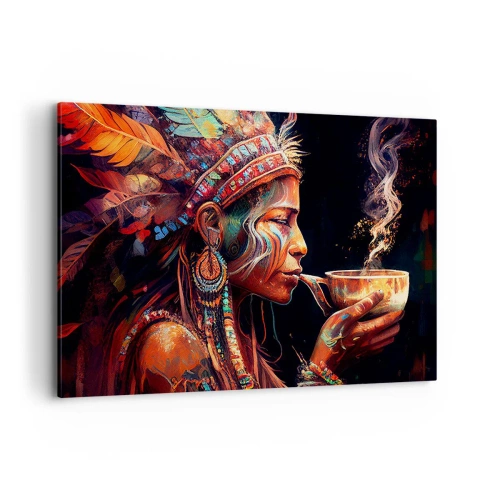 Impression sur toile - Image sur toile - Une figure colorée de style ethnique avec une tasse de boisson fumante - 120x80cm - Rituel magique - Décoration murale moderne pour le salon et la chambre ARTTOR