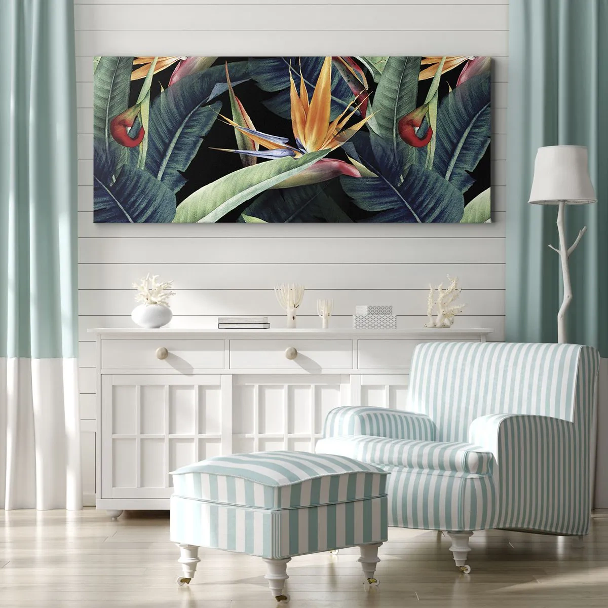 Impression sur toile - Image sur toile - Fleurs et feuilles tropicales sur fond noir - 160x50cm - Fleurs flamboyantes des tropiques - Décoration murale moderne pour le salon et la chambre ARTTOR