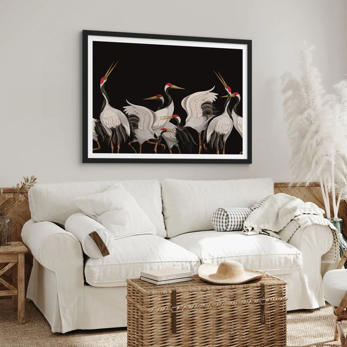 Affiche dans un cadre noir - Poster - Grues blanches avec des accents rouges sur fond noir - 70x50cm - Histoire d'oiseaux - Décoration murale moderne pour le salon et la chambre ARTTOR