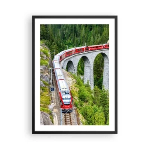 Affiche dans un cadre noir - Poster - Un train rouge sur un viaduc entouré d'une forêt verte - 50x70cm - Chemin de fer avec vue sur la montagne - Décoration murale moderne pour le salon et la chambre ARTTOR