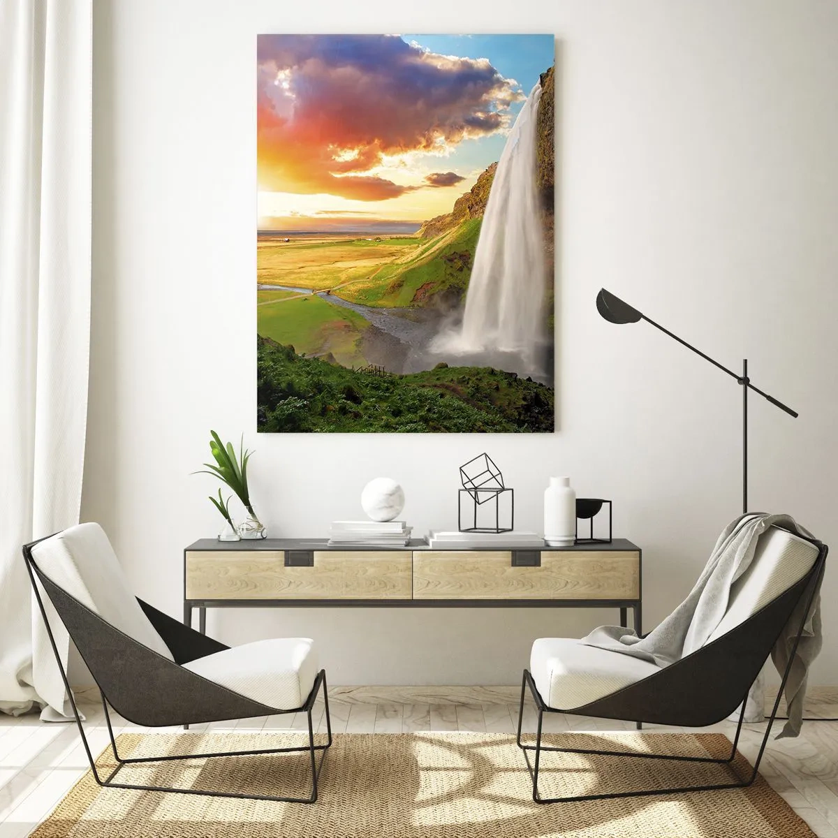 Impression sur verre - Image sur verre - Cascade islandaise sous les rayons du soleil couchant - 50x70cm - La plénitude de l'été islandais - Décoration murale moderne pour le salon et la chambre ARTTOR
