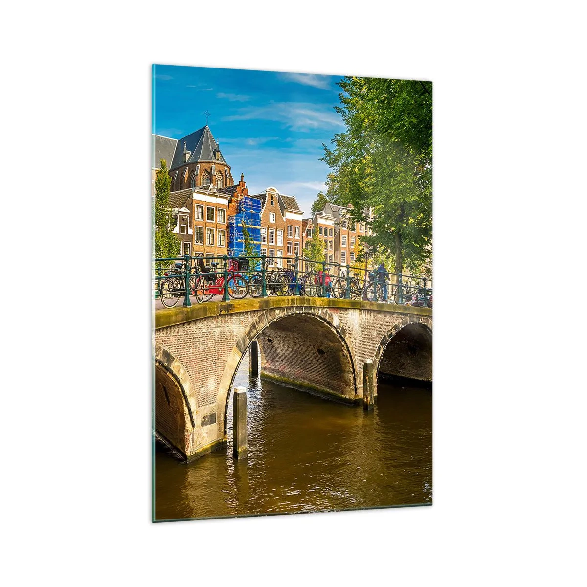 Impression sur verre - Image sur verre - Un canal pittoresque avec un pont à Amsterdam - 70x100cm - Le printemps sur le canal - Décoration murale moderne pour le salon et la chambre ARTTOR