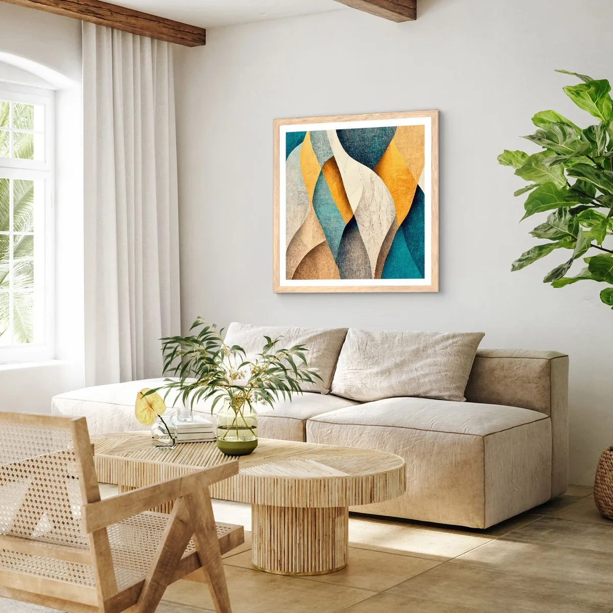 Affiche dans un chêne clair - Poster - Rythme et vague - 50x50 cm