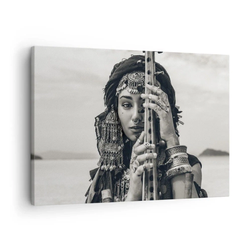Impression sur toile - Image sur toile - Portrait d'une femme en bijoux ethniques tenant un instrument à la main - 70x50cm - Musique de l'Orient elle-même - Décoration murale moderne pour le salon et la chambre ARTTOR